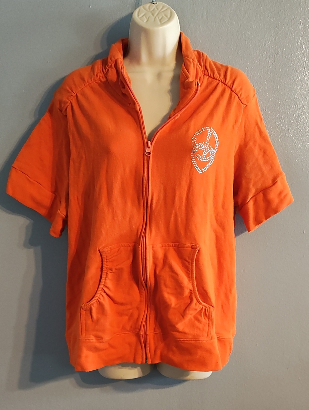 Jamie Nicole Collection Orange Short-Sleeve Zip Blouse with Rhinestone Accent